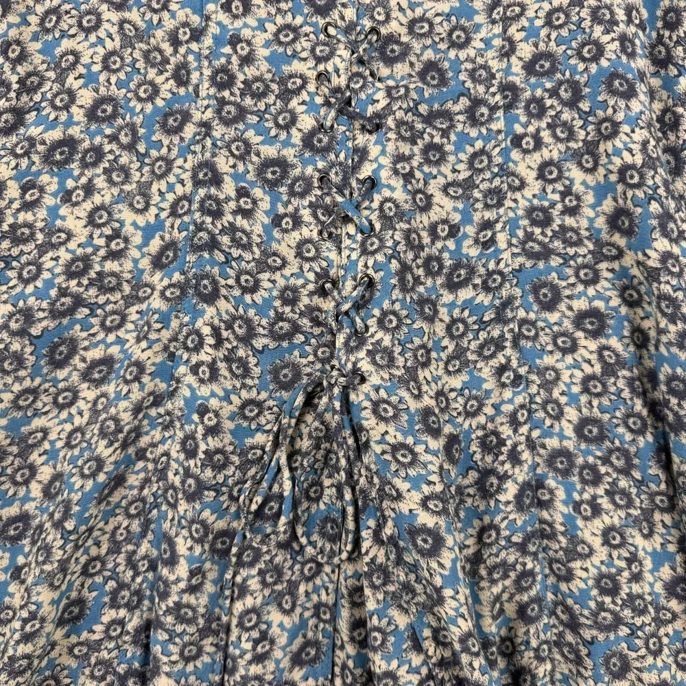 Free People Dress Women M Blue Floral Flower Power Mini Fit & Flare Boho Lace Up - Picture 8 of 11
